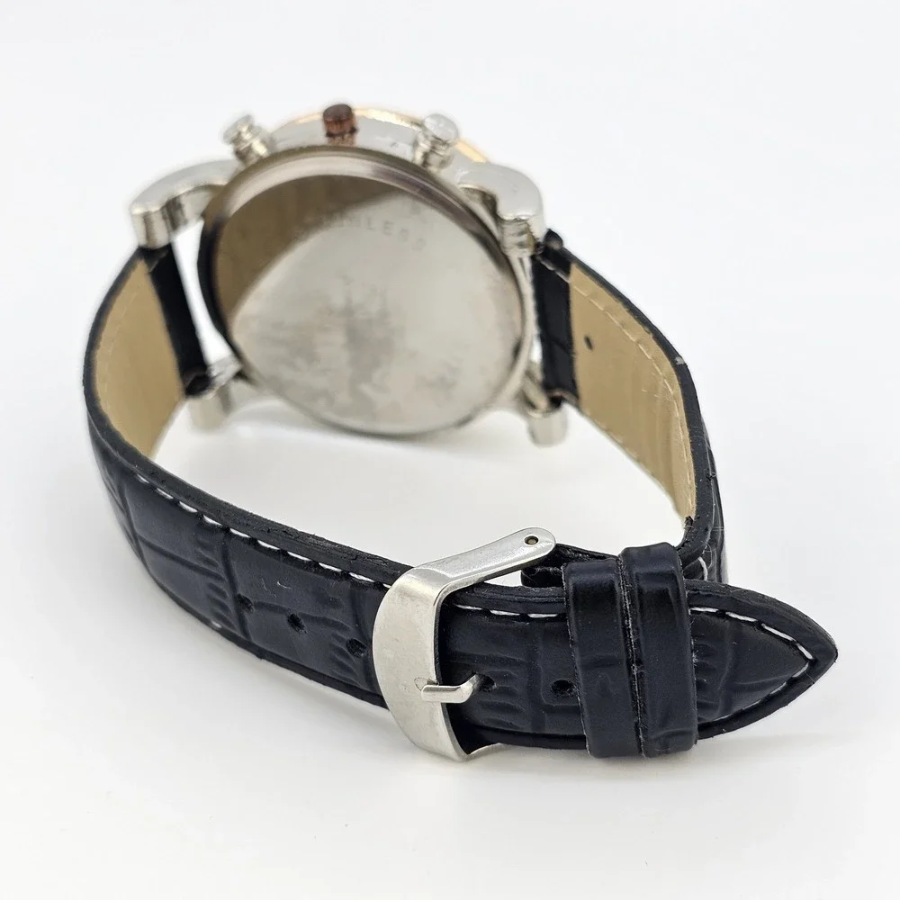 Men's Analog Watch 43MM Black Dial‎ Black Faux Leather Bands New Battery